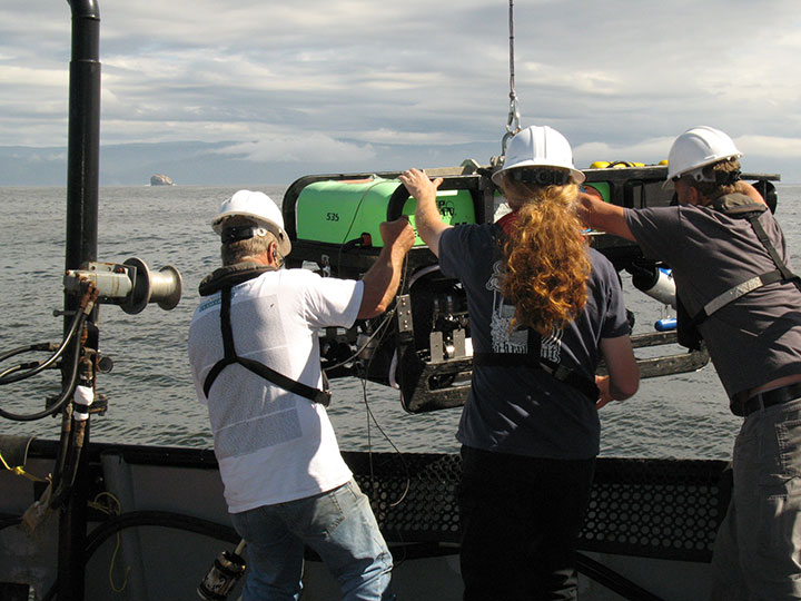 wearing hardhats and personal floatation devices, 3 people swing an ROV (Remotely Operated Vehicle) off the side of a boat in the ocean